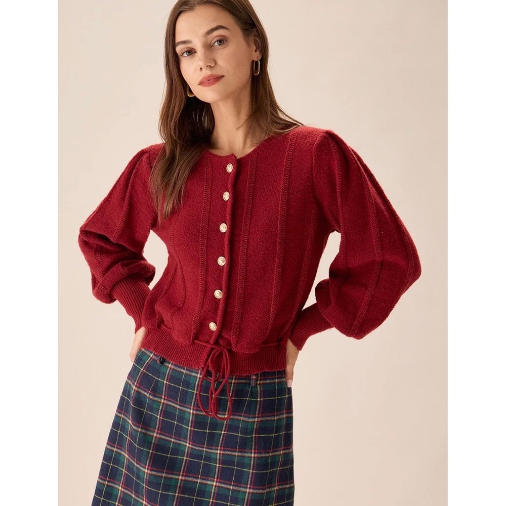 Rihoas Red Pointelle Knit Cardigan Gold Crest‎ Buttons Drawstring Small